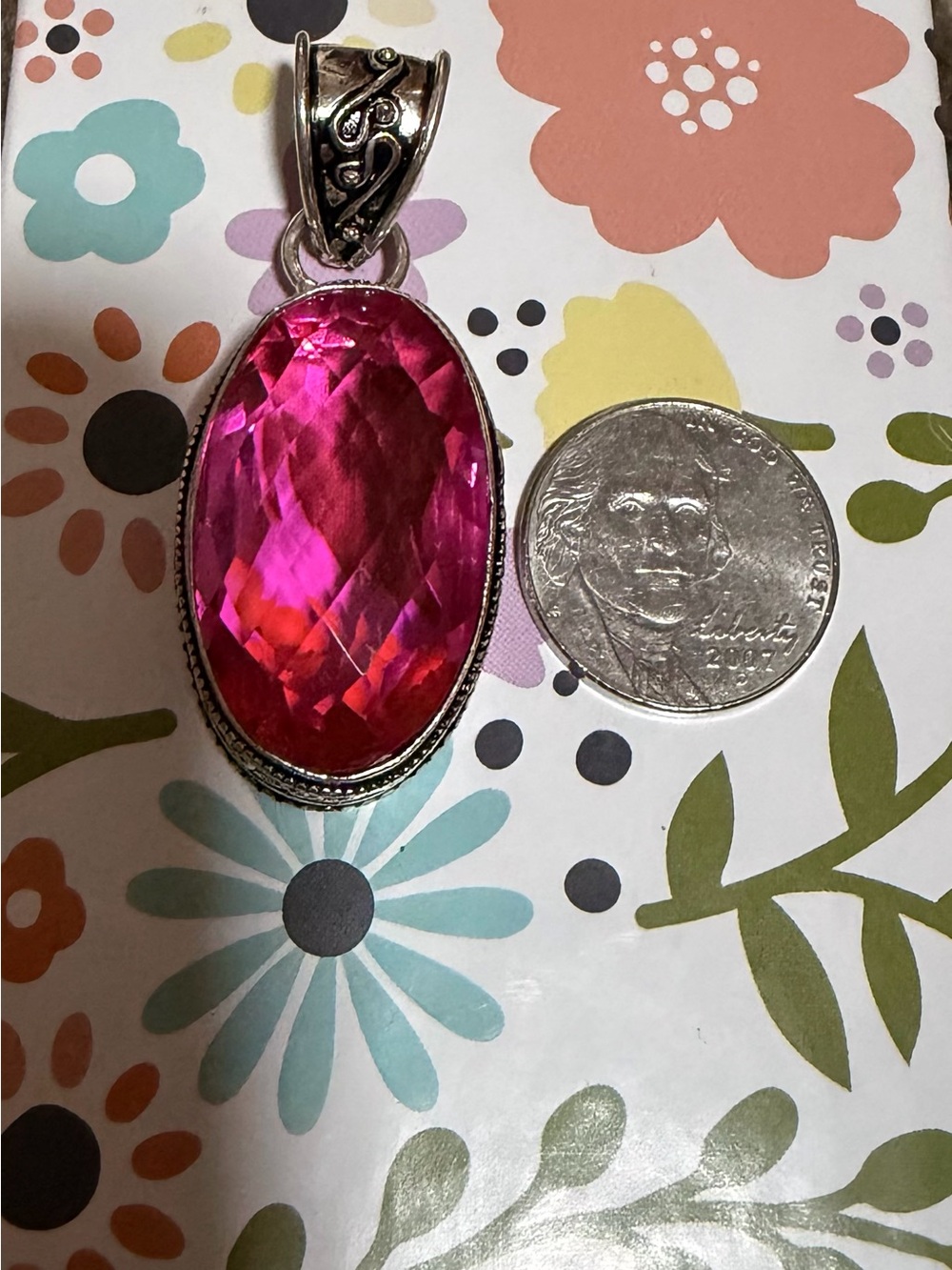 Sterling Silver and Bright Pink Faux Sapphire Pendant / Slide, Never Worn